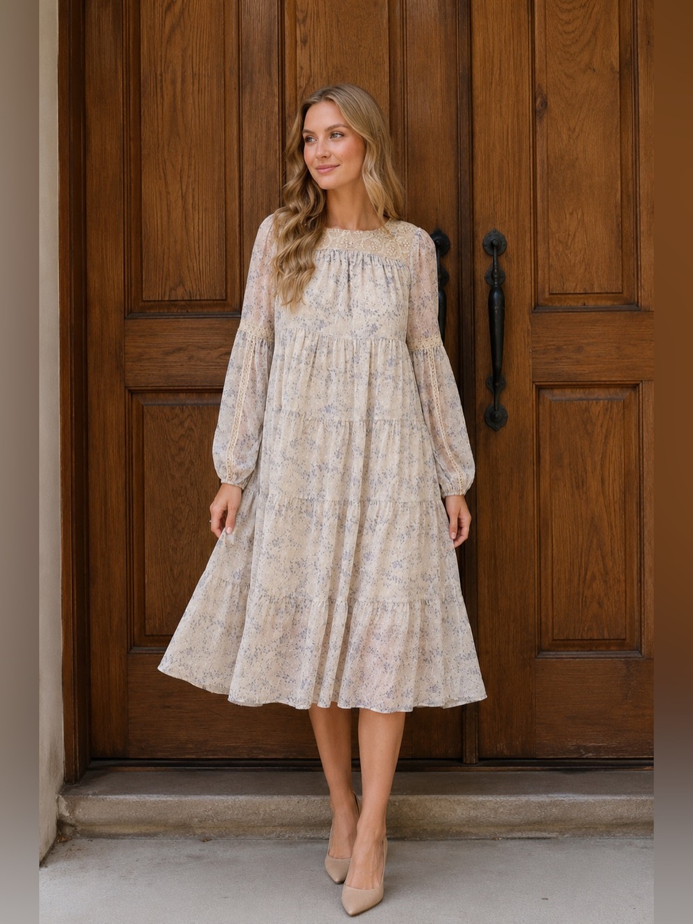 Polagram Cream and baby blue floral  Tiered Midi Dress with lace collar